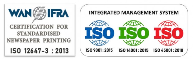 ISO 12647-3, ISO 9001, ISO 14001, ISO 45001 certifications